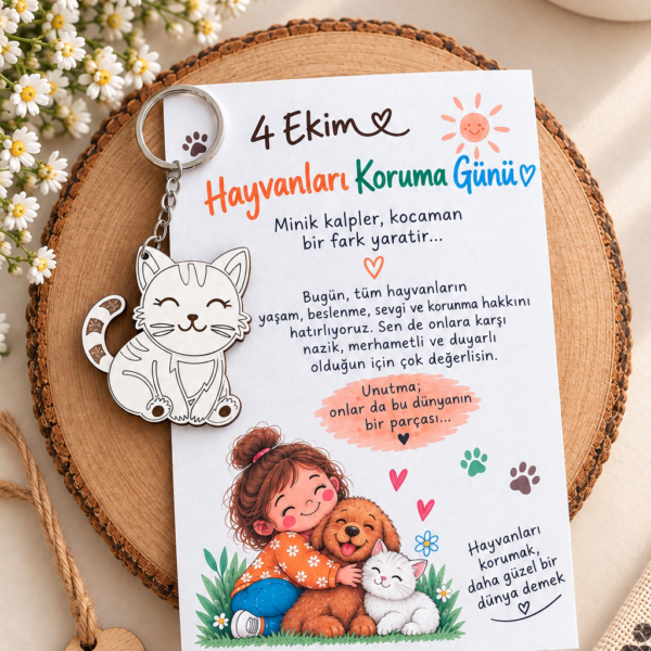 4 Ekim Hayvanları Koruma Günü Ahşap Anahtarlık – Kedi Figürlü Hayvan Sevgisi Hediyesi
