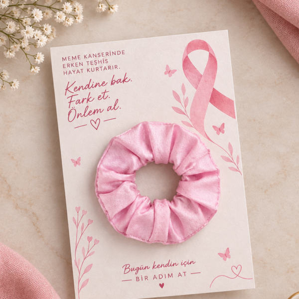 Meme Kanseri Farkındalık Tokası | Pembe Saten Scrunchie Hediyelik