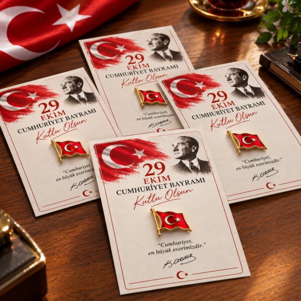 29 Ekim Cumhuriyet Bayramı Türk Bayrağı Rozetli Özel Tasarım Kart