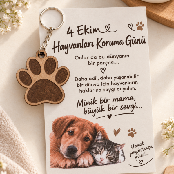 4 Ekim Hayvanları Koruma Günü Ahşap Anahtarlık-Pati Figürlü Farkındalık Hediyesi